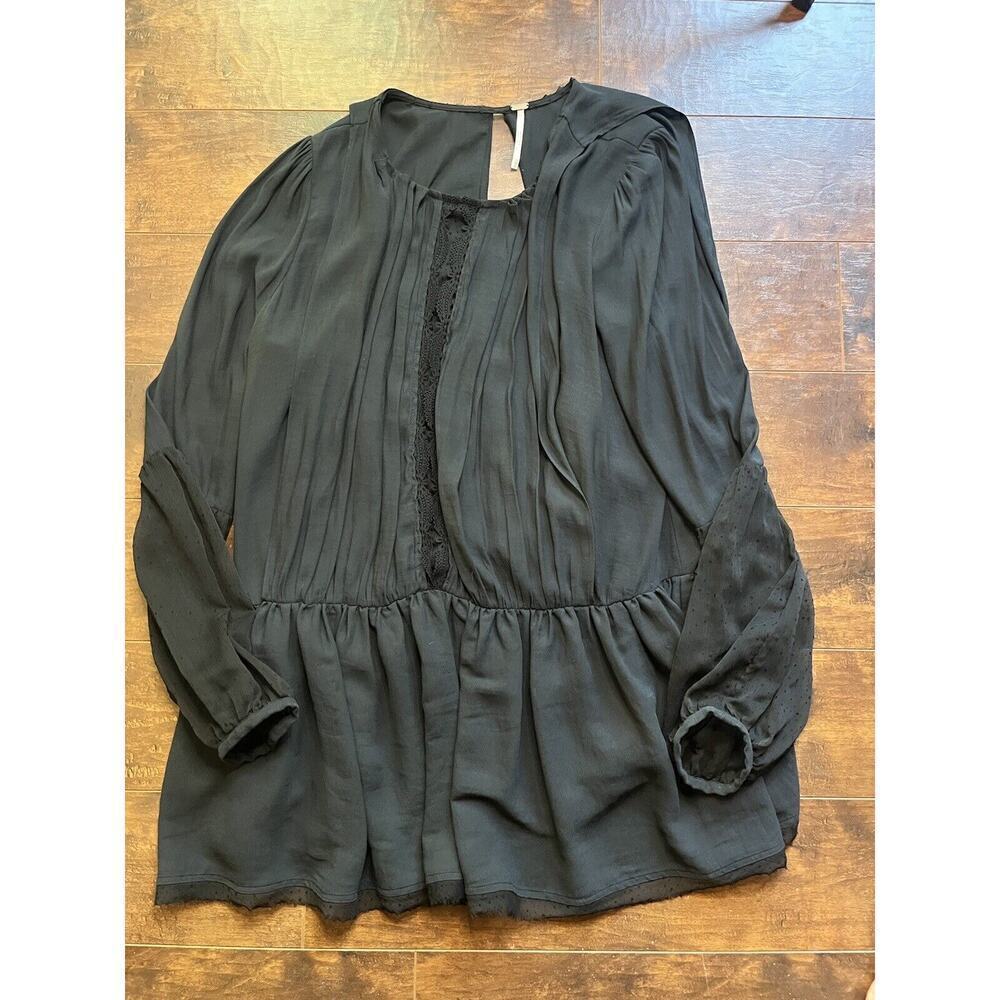 Free People Soul Serene Top Size M Black Sheer Accents Blouse Peasant Boho - Picture 2 of 10